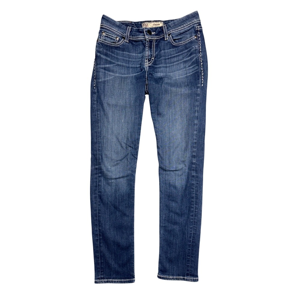 BKE Harper Skinny Jeans Whiskering 27R Medium Wash Embroidered Rhinestone